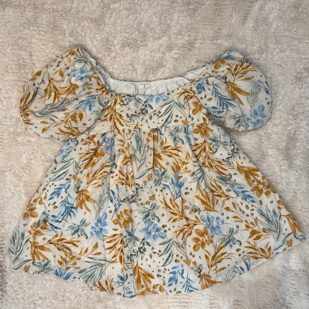 By Together Floral Puff-Sleeve Top — Blue & Mustard on Cream